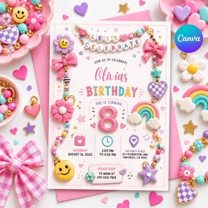 Pode incluir: Um cartão de convite de aniversário retangular com fundo rosa claro contendo o texto LET'S CELEBRATE, Olivia's BIRTHDAY e o número 8. O cartão é decorado com cordões de contas coloridas, laços, flores, corações e arco-íris.