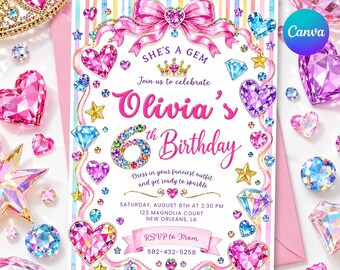 May include: A birthday invitation card featuring a pink bow, a crown, and colourful gemstone illustrations. The text reads: She's a gem, Olivia's 6th Birthday, Saturday, August 8th at 2:30 PM, 123 Magnolia Court, New Orleans, LA, RSVP to Mom 582-432-5258.
