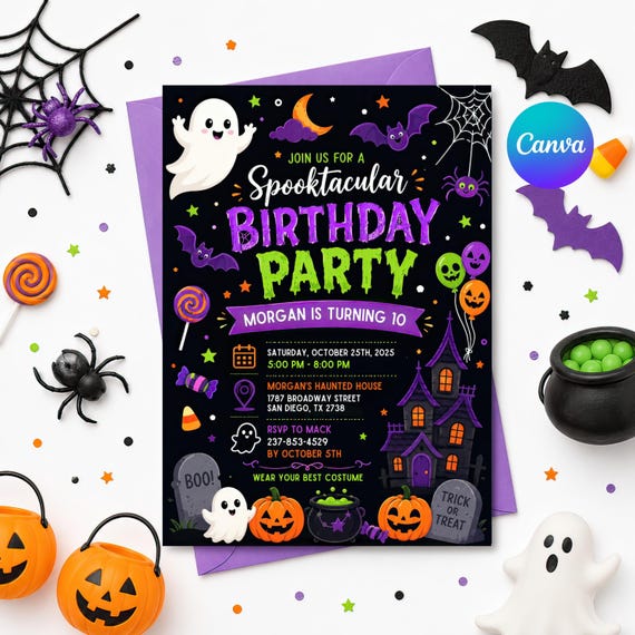 Editable Spooktacular Ghost Party Invite for Kids, Halloween Birthday Invitation, Ghost Halloween Birthday Invite, Canva Template, HL 04