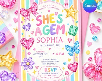 May include: A rectangular birthday invitation card with vertical pastel stripes, featuring the text 'SHE'S A GEM', 'SOPHIA IS TURNING SIX', and event details. The design is decorated with colourful illustrations of faceted gems, hearts, stars, a butterfly, and a flower.