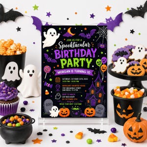 editable Halloween ghost party invitation, spooktacular birthday invite for kids, cute ghost Canva invitation template, printable children Halloween party card, spooky cute birthday invitation, friendly ghost celebration invite, editable digital Halloween template, instant download party card, kids costume birthday invitation, October ghost themed birthday, personalized Canva party invitation, fun spooky birthday card, boys and girls Halloween invite, custom kids ghost invitation