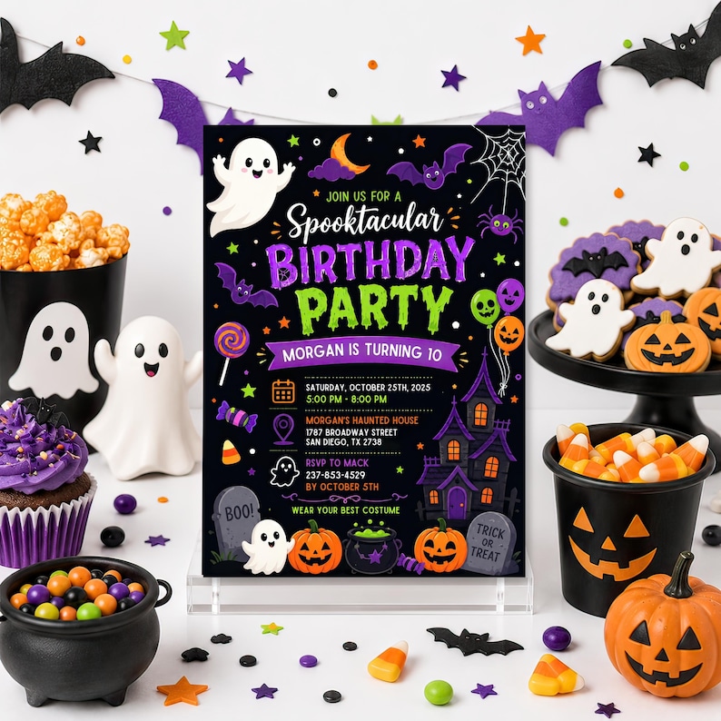 editable Halloween ghost party invitation, spooktacular birthday invite for kids, cute ghost Canva invitation template, printable children Halloween party card, spooky cute birthday invitation, friendly ghost celebration invite, editable digital Halloween template, instant download party card, kids costume birthday invitation, October ghost themed birthday, personalized Canva party invitation, fun spooky birthday card, boys and girls Halloween invite, custom kids ghost invitation