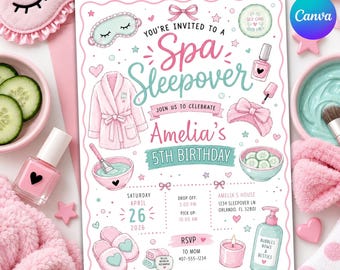 May include: A rectangular invitation card for a spa sleepover birthday party. The design features illustrations of a pink robe, slippers, nail polish, a face mask, and cucumber slices. Text includes 'You're invited to a Spa Sleepover', 'Amelia's 5th Birthday', date, time, and location details.