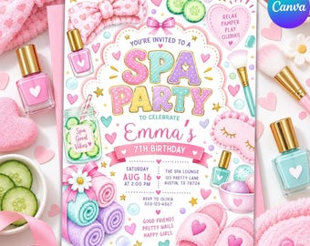 May include: A spa party invitation for Emma's 7th birthday featuring pastel colours, nail polish bottles, cucumber slices, slippers, and towels. The text includes event details, date, time, location, and RSVP information for the celebration.