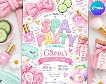 May include: A spa party invitation card featuring pastel-coloured text that reads SPA PARTY, Olivia's 8th Birthday, Aug 16 at 2:00 PM, and other event details. The design includes illustrations of pink headbands, nail polish, cucumber slices, and brushes.