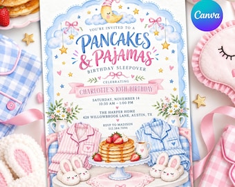 May include: A Pancakes & Pajamas birthday sleepover invitation card featuring a stack of pancakes with strawberries, pink and blue pyjamas, bunny slippers, and a crescent moon. The text reads: You're invited to a Pancakes & Pajamas birthday sleepover celebrating Charlotte's 10th birthday, Saturday, November 14, 10:30 AM - 1:00 PM, The Harper Home, 428 Willowbrook Lane, Austin, TX, RSVP to Madison 512.384.7096.