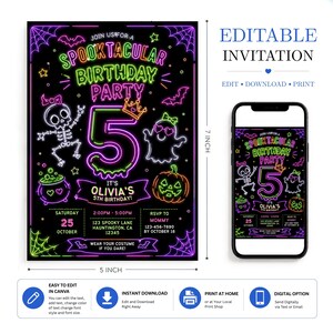colorful neon Halloween birthday invitation, editable kids spooky party template, glowing ghost witch pumpkin invite, printable Canva costume party card, bright Halloween celebration announcement, customizable digital birthday invitation, instant download party template, fun spooky season event, cute monster Halloween card, editable printable glow invitation, neon costume birthday party, orange purple green party invite, children’s Halloween celebration, spooky cute birthday event card