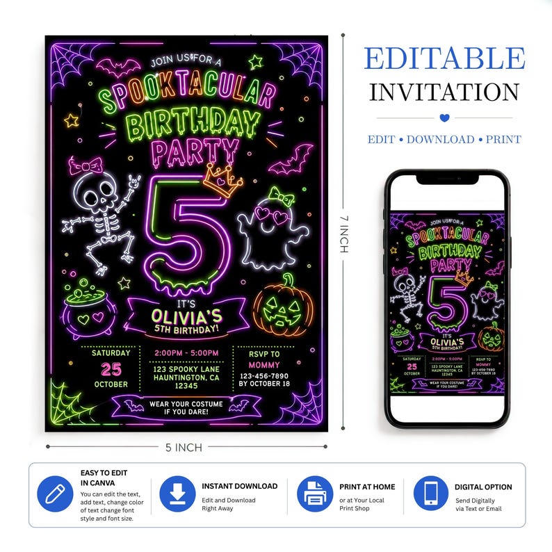 colorful neon Halloween birthday invitation, editable kids spooky party template, glowing ghost witch pumpkin invite, printable Canva costume party card, bright Halloween celebration announcement, customizable digital birthday invitation, instant download party template, fun spooky season event, cute monster Halloween card, editable printable glow invitation, neon costume birthday party, orange purple green party invite, children’s Halloween celebration, spooky cute birthday event card