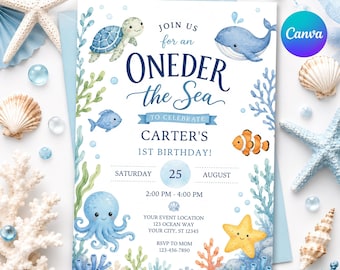 Oneder the Sea Birthday Invitation, Under the Sea 1st Birthday Invite, Editable Canva Template, Watercolor Ocean Animals, US01