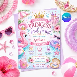 May include: A rectangular invitation card for a Princess Pool Party featuring a pink flamingo float, a castle, a crown, and tropical flowers. The text reads: You're invited to a Princess Pool Party! Join us to celebrate Sophia's 7th birthday!