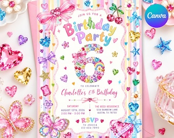 May include: A birthday party invitation card featuring a large number 6 made of colourful gems, surrounded by illustrations of pink bows, butterflies, cherries, and hearts. The text reads: Join us for a Birthday Party to celebrate Charlotte's 6th Birthday.