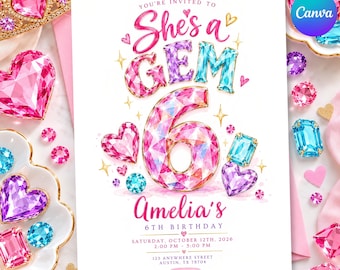 May include: A white birthday invitation card featuring the text She's a GEM 6 Amelia's 6TH BIRTHDAY, Saturday, October 12th, 2026, 2:00 PM - 5:00 PM, 123 Anywhere Street, Austin, TX 78704, RSVP 071 234 5678, decorated with pink, blue, and purple gem illustrations.