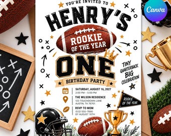May include: A football-themed birthday party invitation for Henry's first birthday. The design features a brown football, a black helmet, a gold trophy, and stars. Text includes 'Henry's Rookie of the Year', 'One', and event details for August 16, 2027.