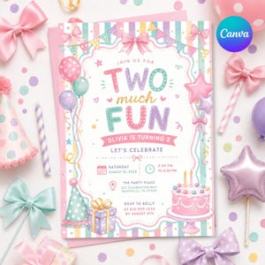 Puede incluir: Una tarjeta de invitación de cumpleaños con rayas pastel, lazos rosas y banderines. El texto dice: TWO much FUN, OLIVIA IS TURNING 2, LET'S CELEBRATE, SATURDAY AUGUST 16, 2026, 2:30 PM TO 5:30 PM, THE PARTY PLACE, 123 CELEBRATION WAY, NASHVILLE, TN 37209.