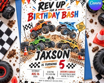 May include: A birthday invitation card featuring four colourful monster trucks, checkered flags, and mud splatters. Text reads: Rev up for a birthday bash, Jaxson is turning 5, Saturday Aug 16 2026, 2:00 PM to 5:00 PM, Jaxson's Garage, 123 Racetrack Drive, Austin, TX 78701.