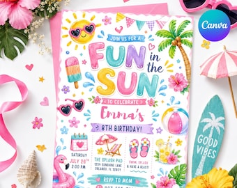 Editable Fun In The Sun Birthday Party Invitation, Splish Splash Summer Swim, Tropical Summer, Girly Pool Birthday Party, P13