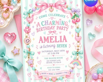 May include: A rectangular birthday party invitation card featuring a border of pink and mint green beads, bows, hearts, stars, and cherries. The text reads: COME CELEBRATE A CHARMING BIRTHDAY PARTY AMELIA is turning SEVEN SATURDAY, MAY 18TH AT 3:00 PM THE BLOOM ROOM 245 SUNSET AVE IRVINE, CA 92618 RSVP TO EMMA 555-234-7890 BEADS BOWS CHARMS FUN.