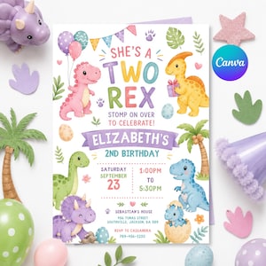 Dinosaur 2nd Birthday Invitation, Two Rex Dinosaur Birthday Invitation Template, EDITABLE Dinosaur Birthday Invite, Girl Dinosaur, DS 19