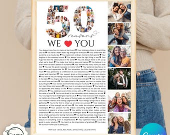 May include: A framed print with a collage of photos and the text "50 reasons WE ❤️ YOU." The print includes a list of reasons and is decorated with hearts. The bottom right corner has the Canva logo.