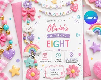 Puede incluir: Una tarjeta de invitación de cumpleaños con cuentas y dijes de colores pastel, que incluye el texto: You're Invited, Olivia's is turning eight, Saturday August 16, 2026, 2:00 PM to 4:30 PM, The Party Place 123 Celebration Lane San Diego, CA 92101, Please RSVP to Mom at 619-555-7824.