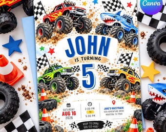 May include: A birthday invitation card featuring four monster trucks in red, blue, green, and yellow with flames, checkered flags, and orange traffic cones. The text reads John is turning 5 on Saturday Aug 16 2026 at 2:00 PM at Jake's Racetrack.