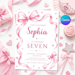 Peut inclure: Une carte d'invitation d'anniversaire blanche avec des rubans aquarelle roses, des petits cœurs et des étoiles. Le texte indique : Come celebrate Sophia is turning seven, Saturday September 19, 3:30-5:30 PM, The Rosewood Playhouse, 84 Willow Lane, Charleston, SC, RSVP to Emily 843-555-0176.