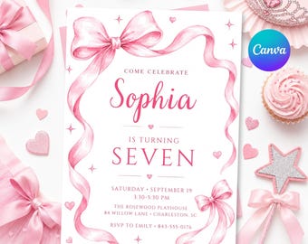 May include: A white birthday invitation card featuring pink watercolour ribbons, small hearts, and stars. The text reads: Come celebrate Sophia is turning seven, Saturday September 19, 3:30-5:30 PM, The Rosewood Playhouse, 84 Willow Lane, Charleston, SC, RSVP to Emily 843-555-0176.