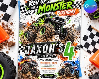 May include: A monster truck birthday invitation featuring a green truck, a red truck, and a blue truck with shark teeth. The text reads: Rev up for a monster birthday, Jaxon's 4 is turning, Saturday March 15, 2026, 2:00 PM - 5:00 PM.