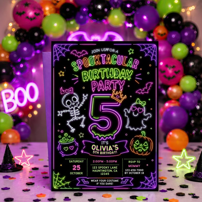 editable spooky Halloween party invitation, neon birthday invite for kids, colorful ghost pumpkin Canva template, printable costume party card, glowing witch and bat invitation, bright Halloween celebration invite, customizable digital party announcement, instant download printable birthday template, fun neon costume event, cute scary party invitation, editable Halloween birthday card, orange purple green spooky design, glow party celebration for children, festive Halloween event invite