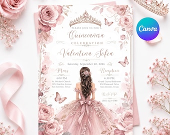 Editable Quinceañera Invitation, Mis Quince Invitation, Quinceanera Invite, Red Roses invitation, Red Gold Black, Mis Quince Anos, Canva