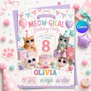Puede incluir: Una tarjeta de invitación de cumpleaños con tres gatitos que llevan sombreros de fiesta y gafas coloridas. El texto dice MEOW-GICAL Birthday Party, Our Little Star Is Turning 8 y Olivia. Incluye fecha, hora, lugar y detalles de RSVP.