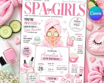 May include: A rectangular birthday invitation flyer titled SPA GIRLS featuring a cartoon character with a pink towel wrap and cucumber eye masks, surrounded by illustrations of nail polish, a duffel bag, and party details for Amelia's 11th birthday.