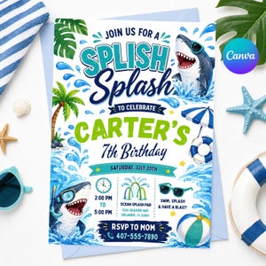 May include: A rectangular birthday invitation card featuring a shark wearing sunglasses, palm trees, water splashes, and beach items. The text reads: Join us for a Splish Splash to celebrate Carter's 7th Birthday, Saturday, July 20th, 2:00 PM to 5:00 PM.