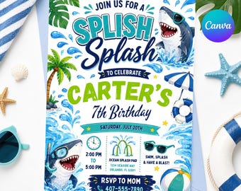 Könnte beinhalten: Eine rechteckige Geburtstagseinladungskarte mit einem Hai mit Sonnenbrille, Palmen, Wasserspritzern und Strandartikeln. Der Text lautet: Join us for a Splish Splash to celebrate Carter's 7th Birthday, Saturday, July 20th, 2:00 PM to 5:00 PM.