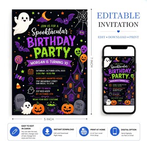 editable ghost Halloween birthday invitation, spooktacular party invite for children, cute kids ghost birthday card, Canva Halloween invitation template, printable spooky party invite, editable digital celebration card, instant download kids invitation, friendly ghost birthday party, October costume celebration invite, personalized Halloween Canva template, fun spooky ghost party card, children birthday invitation, cute printable Halloween invite, custom ghost themed birthday