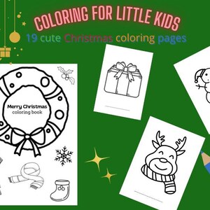 May include: A black and white coloring book with 19 Christmas themed coloring pages. The cover features a wreath with the text "Merry Christmas coloring book".