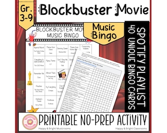 Bingo musical de películas taquilleras / Juego de fiesta imprimible para familias, niños y aulas