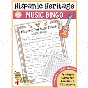 Hispanic Heritage Month music bingo game printable for kids and families.