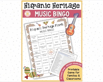 Bingo musical del Mes de la Herencia Hispana: Juego imprimible para familias y aulas (40 tableros + lista de reproducción)