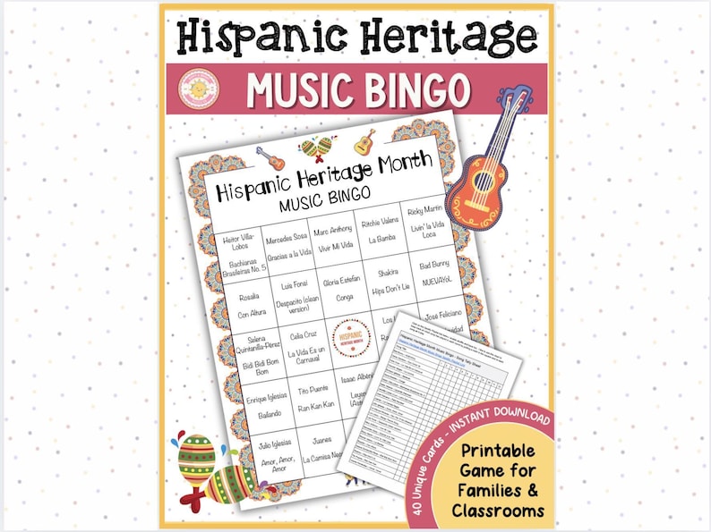 Hispanic Heritage Month music bingo game printable for kids and families.