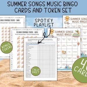 Puede incluir: Un conjunto de 40 tarjetas de bingo musical de canciones de verano con una hoja de recuento, una lista de reproducci&oacute;n de Spotify y fichas imprimibles. Las tarjetas de bingo presentan iconos con tem&aacute;tica veraniega y el texto "Summer Songs Music Bingo".