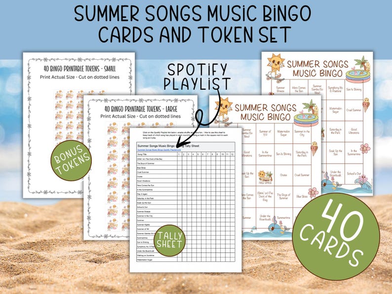 Puede incluir: Un conjunto de 40 tarjetas de bingo musical de canciones de verano con una hoja de recuento, una lista de reproducci&oacute;n de Spotify y fichas imprimibles. Las tarjetas de bingo presentan iconos con tem&aacute;tica veraniega y el texto "Summer Songs Music Bingo".