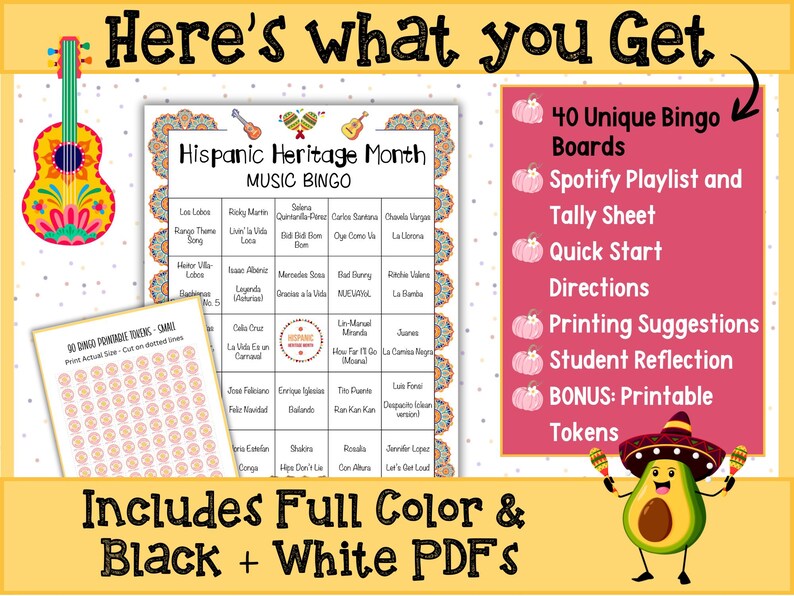Fun family bingo game with 40 unique cards to celebrate Hispanic culture.