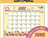 June 2026 Fillable Calendar - Strawberry Clipart, Google Slides, Sunday & Monday Starts Included
