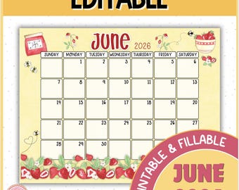 June 2026 Fillable Calendar - Strawberry Clipart, Google Slides, Sunday & Monday Starts Included
