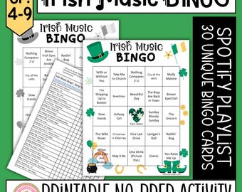 Juego de bingo musical para el día de San Patricio para imprimir en formato imprimible para la clase de música general de la escuela secundaria con lista de reproducción de Spotify y 30 tableros de juego únicos