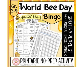 World Bee Day Activity for Classrooms | Music Bingo Game, Printable Bingo Game, Spotify Playlist | Middle School Music Bingo, Bee Day May 20