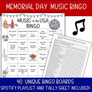May include: A Memorial Day Music Bingo game with 40 unique boards. The game features a Spotify playlist and tally sheet. The bingo cards have song titles like "Born in the USA" and "God Bless America". The design includes red, white, and blue colors.