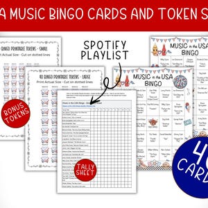 May include: A set of USA Music Bingo cards and tokens. The set includes 40 cards, bonus tokens, and a Spotify playlist. The cards feature patriotic designs and the text "MUSIC in the USA BINGO". The set also includes a tally sheet.