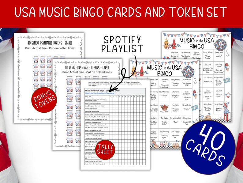 May include: A set of USA Music Bingo cards and tokens. The set includes 40 cards, bonus tokens, and a Spotify playlist. The cards feature patriotic designs and the text "MUSIC in the USA BINGO". The set also includes a tally sheet.